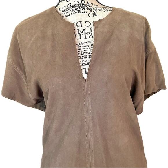 Vince Size S Brown Short Sleeve Leather V-Neck Shift Dress Pockets Lightweight - Picture 2 of 5